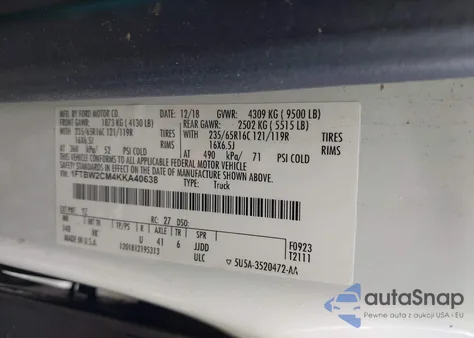 2019 Ford Transit-350 z USA, uszkodzony, nr VIN 1FTBW2CM4KKA40638